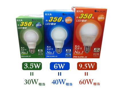 配光角350度LED電球REGALO色比較